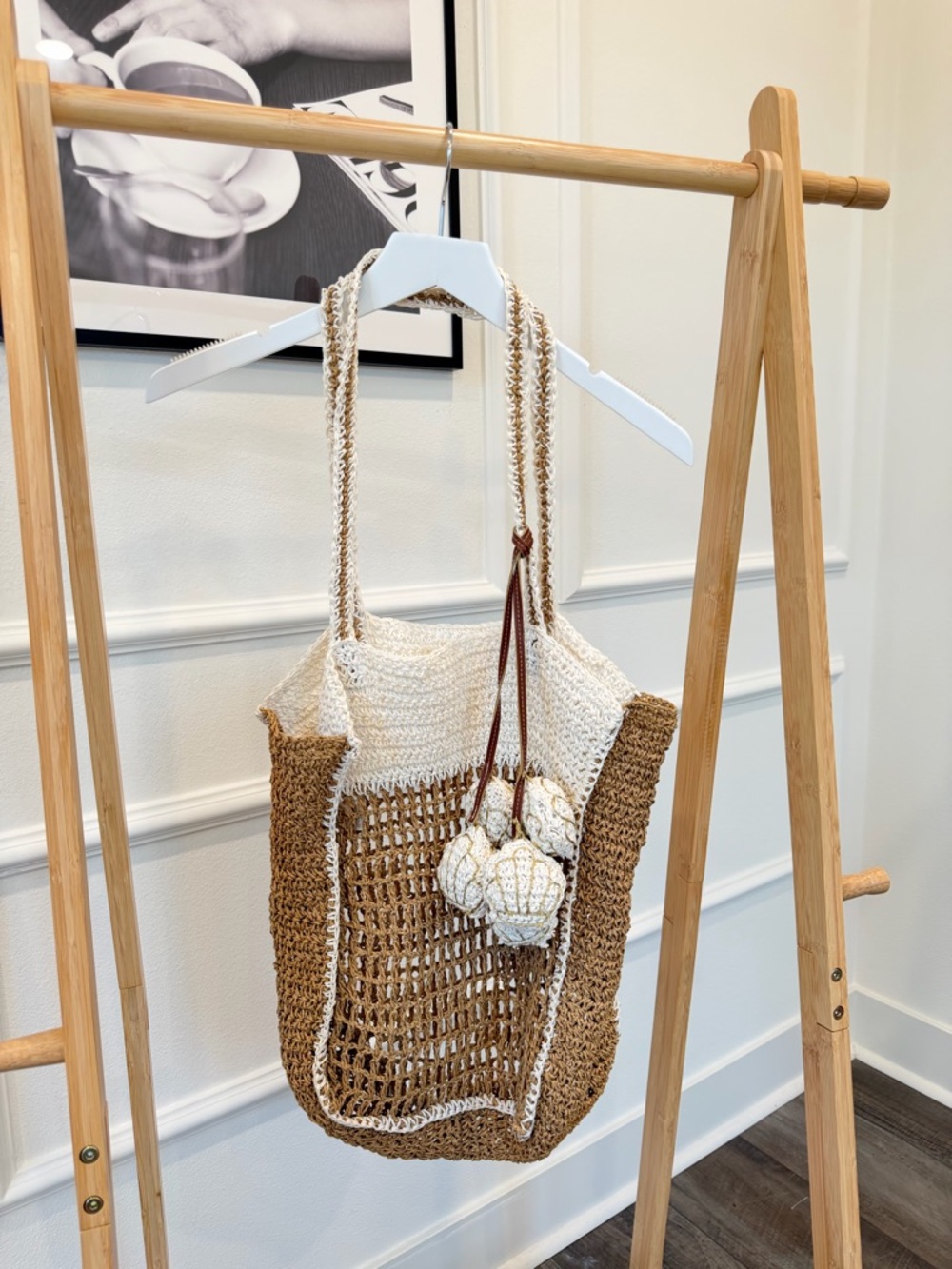 Woven Two-Tone Straw Tote Bag in Cream & Brown With Shells